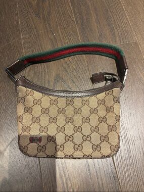 Gucci Monogram Canvas Mini Bag with Green-Red Strap authentic